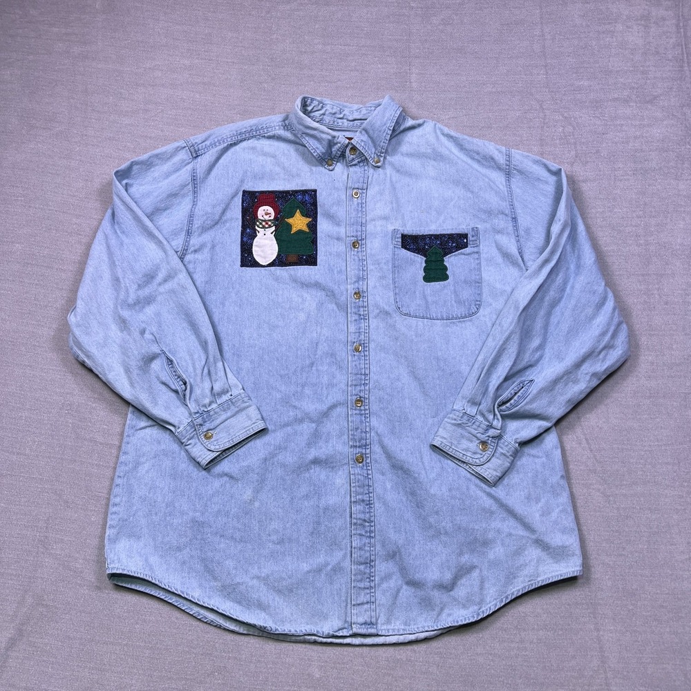 Faded Glory Vintage Y2K Embroidered Snowman Denim Button Down Shirt Womens XL